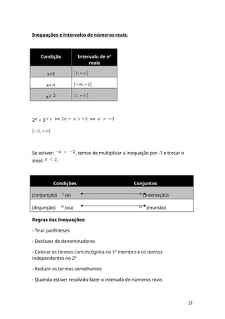 Inequações e intervalos de números reais:
Condição Intervalo de nº
reais
x>3
x<-1
x
2 + 3
Se estiver: , temos de multiplicar a inequação por -1 e trocar o
sinal: .
Condições Conjuntos
(conjunção) (e) (Interseção)
(disjunção) (ou) (reunião)
Regras das Inequações:
- Tirar parênteses
- Desfazer de denominadores
- Colorar os termos com incógnita no 1º membro e os termos
independentes no 2º
- Reduzir os termos semelhantes
- Quando estiver resolvido fazer o intervalo de números reais
21
 