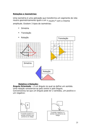 Rotações e Isometrias:
Uma isometria é uma aplicação que transforma um segmento de reta
noutro geometricamente igual e um noutro com a mesma
amplitude. Existem 3 tipos de isometrias:
 Simetria
 Translação
 Rotação
Relativo á Rotação:
Ângulo Orientado – é um ângulo no qual se define um sentido.
Uma rotação caracteriza-se pelo centro e pelo ângulo.
Convencionou-se que um ângulo pode ter 2 sentidos, um positivo e
um negativo:
25
Simetria
Translação
Rotação
O sentido positivo é o
sentido contrário aos
ponteiros do relógio
+
O sentido negativo é o
sentido dos ponteiros do
relógio
-
 