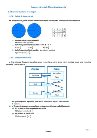 Resumos Intermédio Matemática Fevereiro

  1.7. Esquemas auxiliares de contagem

    1.7.1. Tabela de dupla entrada

    Os dois ponteiros foram rodados ao mesmo tempo e calculou-se a soma dos resultados obtidos.


            1                    -2
                                                                   + 0 4 -2
                   3                          4                    1 1 5 -1
           -5                    0                                 3 3 7 1
                                                                  -5 -5 -1 -7

       1. Quantos são os casos possíveis?
          Existem 9 casos possíveis
       2. Calcula a probabilidade de obter soma -7, 1 e -1.
          P(-7)=           P(1)=               P(-1)=
       3. Calcula a probabilidade de obter um número positivo.
          P(nº positivo)=

    3.7.2. Diagrama de Árvores

    A Ana comprou dois pares de calças (umas vermelhas e outras azuis) e três camisas, sendo uma vermelha,
outra azul e outra branca.

                                 Camisa                           Calças
                                                                  Vermelhas
                                 Vermelha
                                                                    Azuis

                                                                  Vermelhas
                                      Azul
                                                                    Azuis

                                                                  Vermelhas
                                     Branca
                                                                    Azuis


    1. De quantas formas diferentes pode a Ana vestir umas calças e uma camisa?
       6 maneiras
    2. A Ana vestiu ao acaso umas calças e uma camisa. Calcula a probabilidade de:
       a) ter vestido as duas peças de cor vermelha
           P(2 peças vermelhas)=
       b) ter vestido as calças azuis
           P(calças azuis)=




                                                                                                   Página | 2
                                                  | Ana Neiva |
 