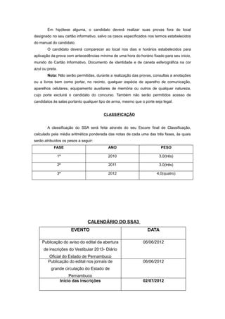 Em hipótese alguma, o candidato deverá realizar suas provas fora do local
designado no seu cartão informativo, salvo os casos especificados nos termos estabelecidos
do manual do candidato.
        O candidato deverá comparecer ao local nos dias e horários estabelecidos para
aplicação da prova com antecedências mínima de uma hora do horário fixado para seu inicio,
munido do Cartão Informativo, Documento de identidade e de caneta esferográfica na cor
azul ou preta.
        Nota: Não serão permitidas, durante a realização das provas, consultas a anotações
ou a livros bem como portar, no recinto, qualquer espécie de aparelho de comunicação,
aparelhos celulares, equipamento auxiliares de memória ou outros de qualquer natureza,
cujo porte excluirá o candidato do concurso. Também não serão permitidos acesso de
candidatos às salas portanto qualquer tipo de arma, mesmo que o porte seja legal.


                                          CLASSIFICAÇÃO


        A classificação do SSA será feita através do seu Escore final de Classificação,
calculado pela média aritmética ponderada das notas de cada uma das três fases, às quais
serão atribuídos os pesos a seguir:
            FASE                           ANO                            PESO

                 1ª                        2010                          3,0(três)

                 2ª                        2011                          3,0(três)

                 3ª                        2012                        4,0(quatro)




                                CALENDÁRIO DO SSA3
                       EVENTO                                     DATA

    Publicação do aviso do edital da abertura                  06/06/2012
     de inscrições do Vestibular 2013- Diário
        Oficial do Estado de Pernambuco
        Publicação do edital nos jornais de                    06/06/2012
          grande circulação do Estado de
                       Pernambuco
                  Inicio das inscrições                        02/07/2012
 
