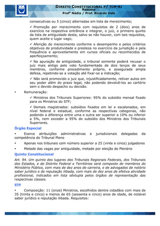 www.estrategiaconcursos.com.br 26 de 29
DIREITO CONSTITUCIONAL P/ TCM-RJ
Resumo
Profa
Nádia / Prof. Ricardo Vale
consecutivas ou 5 (cinco) alternadas em lista de merecimento;
ü Promoção por merecimento com requisitos de 2 (dois) anos de
exercício na respectiva entrância e integrar, o juiz, o primeiro quinto
da lista de antiguidade desta, salvo se não houver, com tais requisitos,
quem aceite o lugar vago;
ü Aferição do merecimento conforme o desempenho e pelos critérios
objetivos de produtividade e presteza no exercício da jurisdição e pela
frequência e aproveitamento em cursos oficiais ou reconhecidos de
aperfeiçoamento;
ü Na apuração de antigüidade, o tribunal somente poderá recusar o
juiz mais antigo pelo voto fundamentado de dois terços de seus
membros, conforme procedimento próprio, e assegurada ampla
defesa, repetindo-se a votação até fixar-se a indicação;
ü Não será promovido o juiz que, injustificadamente, retiver autos em
seu poder além do prazo legal, não podendo devolvê-los ao cartório
sem o devido despacho ou decisão.
• Remuneração:
ü Ministros dos Tribunais Superiores: 95% do subsídio mensal fixado
para os Ministros do STF;
ü Demais magistrados: subsídios fixados em lei e escalonados, em
nível federal e estadual, conforme as respectivas categorias, não
podendo a diferença entre uma e outra ser superior a 10% ou inferior
a 5%, nem exceder a 95% do subsídio dos Ministros dos Tribunais
Superiores.
Órgão Especial
• Exerce atribuições administrativas e jurisdicionais delegadas da
competência do Tribunal Pleno
• Apenas nos tribunais com número superior a 25 (vinte e cinco) julgadores
• Metade das vagas por antiguidade, metade por eleição do Plenário
Quinto Constitucional
Art. 94. Um quinto dos lugares dos Tribunais Regionais Federais, dos Tribunais
dos Estados, e do Distrito Federal e Territórios será composto de membros do
Ministério Público, com mais de dez anos de carreira, e de advogados de notório
saber jurídico e de reputação ilibada, com mais de dez anos de efetiva atividade
profissional, indicados em lista sêxtupla pelos órgãos de representação das
respectivas classes.
STF
• Composição: 11 (onze) Ministros, escolhidos dentre cidadãos com mais de
35 (trinta e cinco) e menos de 65 (sessenta e cinco) anos de idade, de notável
saber jurídico e reputação ilibada. Requisitos:
 