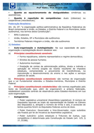 www.estrategiaconcursos.com.br 9 de 29
DIREITO CONSTITUCIONAL P/ TCM-RJ
Resumo
Profa
Nádia / Prof. Ricardo Vale
• Quanto ao equacionamento de desigualdades: simétricas ou
assimétricas;
• Quanto à repartição de competências: duais (clássicas) ou
cooperativas (neoclássicas).
Federação Brasileira:
Art. 18, CF: “a organização político-administrativa da República Federativa do
Brasil compreende a União, os Estados, o Distrito Federal e os Municípios, todos
autônomos, nos termos desta Constituição”.
• RFB é soberana
• União, Estados, DF e Municípios são autônomos
• Territórios Federais integram a União, não são autônomos
2) Estados:
• Auto-organização e Autolegislação: Na sua capacidade de auto-
organização e autolegislação devem obedecer aos:
a) Princípios constitucionais sensíveis:
ü Forma republicana, sistema representativo e regime democrático;
ü Direitos da pessoa humana;
ü Autonomia municipal;
ü Prestação de contas da administração pública, direta e indireta e
aplicação do mínimo exigido da receita resultante de impostos
estaduais, compreendida a proveniente de transferências, na
manutenção e desenvolvimento do ensino e nas ações e serviços
públicos de saúde.
b) Princípios constitucionais extensíveis: são normas de organização
que a Lei Fundamental estendeu a Estados-membros, Municípios e Distrito
Federal.
c) Princípios constitucionais estabelecidos: são normas espalhadas pelo
texto da Constituição que, além de organizarem a própria federação,
estabelecem preceitos centrais de observância pelos Estados-membros em sua
auto-organização.
• Autogoverno:
ü Poder Legislativo unicameral (Assembleia Legislativa). O número de
Deputados equivale ao triplo da representação do Estado na Câmara
dos Deputados e, atingido o número de trinta e seis, é acrescido de
tantos quantos forem os Deputados Federais acima de doze.
ü Poder Executivo: Governador e Vice-Governador, cujos subsídios
são fixados por lei de iniciativa da Assembleia Legislativa.
ü Poder Judiciário: juízes estaduais e Tribunais de Justiça, cuja
competência é determinada pela Constituição do Estado (art. 125, §
1º, CF/88).
 
