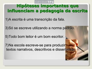 Hipóteses importantes que influenciam a pedagogia da escrita A escrita é uma transcrição da fala. Só se escreve utilizando a norma padrão. Todo bom leitor é um bom escritor. Na escola escreve-se para produzir textos narrativos, descritivos e dissertativos 