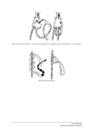 www.marski.org
Serviços e Treinamento em Altura
Meio volta de fiel (nó UIAA) – deve sempre ser utilizado com mosquetão tipo pêra ou HMS com a trava fechada
Machard (prussik francês)
 