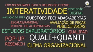 COM NOSSO PAINEL E/OU O MAILING DO CLIENTE

   INTERATIVIDADE DIGITAL                   DISCUSSÃO

AVALIAÇÃO DE SITES
                     QUESTÕES FECHADAS/ABERTAS
      ESCALAS/RANKING/        AVALIAÇÃO DE PEÇAS
      RODIZIO DE ALTERNATIVAS    PUBLICITÁRIAS
ESTUDOS EXPLORATÓRIOS QUALIPAD
  POP-UP              QUALI+QUANTI
  RESEARCH           CLIMA ORGANIZACIONAL
 