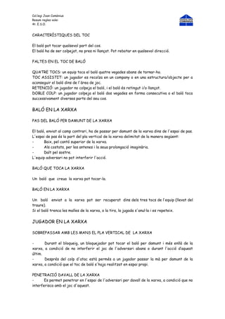 Col.legi Joan Comènius
Resum regles volei
4t. E.S.O.


CARACTERÍSTIQUES DEL TOC

El baló pot tocar qualsevol part del cos.
El baló ha de ser colpejat, no pres ni llançat. Pot rebotar en qualsevol direcció.

FALTES EN EL TOC DE BALÓ

QUATRE TOCS: un equip toca el baló quatre vegades abans de tornar-ho.
TOC ASSISTIT: un jugador es recolza en un company o en una estructura/objecte per a
aconseguir el baló dins de l'àrea de joc.
RETENCIÓ: un jugador no colpeja el baló, i el baló és retingut i/o llançat.
DOBLE COLP: un jugador colpeja el baló dos vegades en forma consecutiva o el baló toca
successivament diverses parts del seu cos.


BALÓ EN LA XARXA

PAS DEL BALÓ PER DAMUNT DE LA XARXA

El baló, enviat al camp contrari, ha de passar per damunt de la xarxa dins de l'espai de pas.
L'espai de pas és la part del pla vertical de la xarxa delimitat de la manera següent:
-      Baix, pel cantó superior de la xarxa.
-      Als costats, per les antenes i la seua prolongació imaginària.
-      Dalt pel sostre.
L'equip adversari no pot interferir l'acció.

BALÓ QUE TOCA LA XARXA

Un baló que creua la xarxa pot tocar-la.

BALÓ EN LA XARXA

Un baló enviat a la xarxa pot ser recuperat dins dels tres tocs de l’ equip (llevat del
traure).
Si el baló trenca les malles de la xarxa, o la tira, la jugada s'anul·la i es repeteix.


JUGADOR EN LA XARXA

SOBREPASSAR AMB LES MANS EL PLA VERTICAL DE LA XARXA

-        Durant el bloqueig, un bloquejador pot tocar el baló per damunt i més enllà de la
xarxa,   a condició de no interferir el joc de l'adversari abans o durant l'acció d’aquest
últim.
-        Després del colp d'atac està permés a un jugador passar la mà per damunt de la
xarxa,   a condició que el toc de baló s'haja realitzat en espai propi.

PENETRACIÓ DAVALL DE LA XARXA
-      Es permet penetrar en l'espai de l'adversari per davall de la xarxa, a condició que no
interferisca amb el joc d'aquest.
 