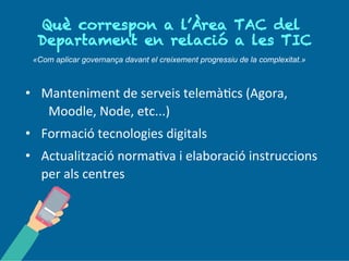 Què c o r re s p o n a l’Àrea TA C
d e l Depa r ta m en t en r el a c ió
a l es T I C ?
«Com aplicar governança davant el creixement progressiu de la complexitat.»
• Manteniment de serveis telemàtics (Agora,
Moodle, Node, etc...)
• Formació tecnologies digitals
• Actualització normativa i elaboració instruccions
per als centres
 