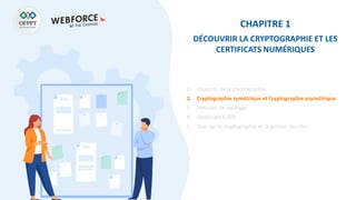 CHAPITRE 1
DÉCOUVRIR LA CRYPTOGRAPHIE ET LES
CERTIFICATS NUMÉRIQUES
1. Objectifs de la cryptographie
2. Cryptographie symétrique et Cryptographie asymétrique
3. Fonction de hachage
4. Certificats X.509
5. Quiz sur la cryptographie et la gestion des clés
 