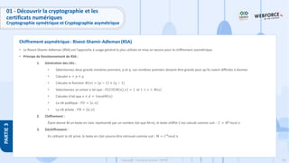 144
Copyright - Tout droit réservé - OFPPT
PARTIE
3
Chiffrement asymétrique : Rivest-Shamir-Adleman (RSA)
01 - Découvrir la cryptographie et les
certificats numériques
Cryptographie symétrique et Cryptographie asymétrique
• Le Rivest-Shamir-Adleman (RSA) est l'approche à usage général la plus utilisée et mise en œuvre pour le chiffrement asymétrique.
• Principe de fonctionnement de RSA :
1. Génération des clés :
• Sélectionnez deux grands nombres premiers, p et q. Les nombres premiers doivent être grands pour qu'ils soient difficiles à deviner
• Calculez 𝑛 = 𝑝 × 𝑞
• Calculez la fonction Φ 𝑛 = 𝑝 − 1 × 𝑞 − 1
• Sélectionnez un entier e tel que : 𝑃𝐺𝐶𝐷 Φ 𝑛 , 𝑒 = 1 et 1 < 𝑒 < Φ 𝑛
• Calculez d tel que 𝑒 × 𝑑 = 1𝑚𝑜𝑑Φ 𝑛
• La clé publique : 𝑃𝑈 = 𝑒, 𝑛
• La clé privée : 𝑃𝑅 = 𝑑, 𝑛
2. Chiffrement :
Étant donné M un texte en clair, représenté par un nombre (tel que M<n), le texte chiffré C est calculé comme suit : 𝐶 = 𝑀𝑒𝑚𝑜𝑑 𝑛
3. Déchiffrement :
En utilisant la clé privé, le texte en clair pourra être retrouvé comme suit : M = 𝐶𝑑𝑚𝑜𝑑 𝑛
 