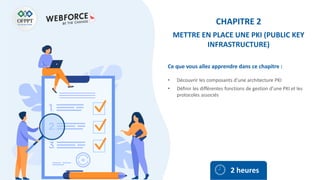 Ce que vous allez apprendre dans ce chapitre :
• Découvrir les composants d’une architecture PKI
• Définir les différentes fonctions de gestion d’une PKI et les
protocoles associés
2 heures
CHAPITRE 2
METTRE EN PLACE UNE PKI (PUBLIC KEY
INFRASTRUCTURE)
 