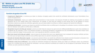 164
Copyright - Tout droit réservé - OFPPT
PARTIE
3
Fonctions de gestion d’une PKI
02 - Mettre en place une PKI (Public Key
Infrastructure)
Fonctions de gestion d’une PKI
• Enregistrement (Registration) : Le processus par lequel un utilisateur s’enregistre auprès d'une autorité de certification (directement ou par l'intermédiaire d'une
autorité d’enregistrement).
• Initialisation (Initialization) : Avant qu'un système client puisse fonctionner en toute sécurité, il est nécessaire d’installer les matériaux clés possédant une relation
appropriée avec les clés stockées ailleurs dans l’infrastructure. Par exemple, un client doit être initialisé en toute sécurité avec les clés publiques et d'autres
informations relatives aux autorités de certification approuvées, pour qu’il puisse valider les certificats en vérifiant la signature de l’autorité de certification.
• Certification (Certification) : Le processus par lequel une autorité de certification émet un certificat pour la clé publique d'un utilisateur, renvoie ce certificat au système
client de l'utilisateur et/ou publie ce certificat dans un référentiel.
• Récupération de pair de clés (Key pair recovery) : permet aux entités finales de restaurer leur paire de clés de chiffrement/déchiffrement à partir d'une installation de
sauvegarde des clés autorisées. En fait, il est important de prévoir un mécanisme permettant la récupération des clés de déchiffrement nécessaires lorsque l'accès
normal au matériel de codage n'est plus possible, sinon il sera impossible de déchiffrer les données chiffrées
• Mise à jour de pair de clés (Key pair update) : toutes les paires de clés doivent être mises à jour régulièrement et par conséquent de nouveaux certificats sont émis.
Une mise à jour est requise lorsque la durée de vie du certificat expire et/ou à la suite de la révocation du certificat.
• Demande de révocation (Revocation request) : une personne autorisée informe une autorité de certification d'une situation anormale nécessitant la révocation d'un
certificat. Les raisons de la révocation incluent la compromission de la clé privée, le changement d'affiliation et le changement de nom.
• Certification croisée (Cross-certification) : deux autorités de certification échangent des informations utilisées pour établir une certification croisée. Une certification
croisée est un certificat émis par une autorité de certification à une autre autorité de certification qui contient une clé de signature CA permettant l’émission des
certificats aux autres autorités de certification
 