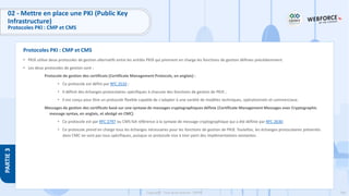 166
Copyright - Tout droit réservé - OFPPT
PARTIE
3
02 - Mettre en place une PKI (Public Key
Infrastructure)
Protocoles PKI : CMP et CMS
• PKIX utilise deux protocoles de gestion alternatifs entre les entités PKIX qui prennent en charge les fonctions de gestion définies précédemment.
• Les deux protocoles de gestion sont :
Protocole de gestion des certificats (Certificate Management Protocols, en anglais) :
• Ce protocole est défini par RFC 2510 ;
• Il définit des échanges protocolaires spécifiques à chacune des fonctions de gestion de PKIX ;
• Il est conçu pour être un protocole flexible capable de s'adapter à une variété de modèles techniques, opérationnels et commerciaux.
Messages de gestion des certificats basé sur une syntaxe de messages cryptographiques définie (Certificate Management Messages over Cryptographic
message syntax, en anglais, et abrégé en CMC)
• Ce protocole est par RFC 2797 ou CMS fait référence à la syntaxe de message cryptographique qui a été définie par RFC 2630;
• Ce protocole prend en charge tous les échanges nécessaires pour les fonctions de gestion de PKIX. Toutefois, les échanges protocolaires présentés
dans CMC ne sont pas tous spécifiques, puisque ce protocole vise à tirer parti des implémentations existantes.
Protocoles PKI : CMP et CMS
 