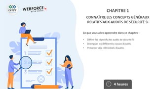 Ce que vous allez apprendre dans ce chapitre :
• Définir les objectifs des audits de sécurité SI
• Distinguer les différentes classes d’audits
• Présenter des référentiels d’audits
4 heures
CHAPITRE 1
CONNAÎTRE LES CONCEPTS GÉNÉRAUX
RELATIFS AUX AUDITS DE SÉCURITÉ SI
 