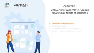 CHAPITRE 1
CONNAÎTRE LES CONCEPTS GÉNÉRAUX
RELATIFS AUX AUDITS DE SÉCURITÉ SI
1. Objectifs des audits de sécurité SI
2. Classification des audits
3. Les référentiels d’audit (COBIT, ISO 27002)
4. Quiz sur les objectifs et les référentiels d’audit
 