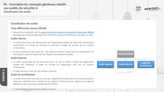172
Copyright - Tout droit réservé - OFPPT
PARTIE
4
Classification des audits
01 - Connaître les concepts généraux relatifs
aux audits de sécurité si
Classification des audits
Trois différentes classes d’Audit
• peuvent être distingués, selon le guide d'audit de la sécurité des systèmes d'information (DGSSI)
développé par la direction générale de la sécurité des systèmes d’information du Maroc en 2015.
Audit Interne
• Un audit mené suite à une décision prise par l’organisation auditée elle-même afin qu’elle puisse
s’auto-évaluer en termes de sécurité en examinant le degré de sécurité de son système
d’information.
• Ce type d’audit peut être mené par : des auditeurs internes (faisant parti de l’organisation) ou
des auditeurs externes (faisant part de l’équipe d’un prestataire d’audit).
Audit Externe
• Un audit commandité par des tierces personnes qui ont un intérêt à l’égard de l’organisation
auditée afin d’examiner le degré de sécurité de l’organisation ainsi que son système
d’information.
• Ce type d’audit est mené par des auditeurs externes.
Audit de Certification
• Un audit mené suite à une décision prise par l’organisation auditée pour qu’elle puisse étudier le
niveau de conformité de la sécurité de son système d’information par rapports aux exigences
définies par des normes (par exemple ISO/CEI 27001)
• Ce type d’audit est mené par des auditeurs externes.
Classes d’Audit
Audit Interne Audit Externe
Audit de
Certification
Les classes d’Audit
 