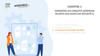 CHAPITRE 1
CONNAÎTRE LES CONCEPTS GÉNÉRAUX
RELATIFS AUX AUDITS DE SÉCURITÉ SI
1. Objectifs des audits de sécurité SI
2. Classification des audits
3. Les référentiels d’audit (COBIT, ISO 27002)
4. Quiz sur les objectifs et les référentiels d’audit
 