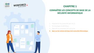 CHAPITRE 1
CONNAÎTRE LES CONCEPTS DE BASE DE LA
SÉCURITÉ INFORMATIQUE
1. Importance de la sécurité dans les SI
2. Terminologie et définitions
3. Objectifs et propriétés de la sécurité
4. Quiz sur les notions de base de la sécurité informatique
 