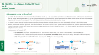 39
Copyright - Tout droit réservé - OFPPT
PARTIE
1
• Le modèle OSI (Open Systems Interconnection) est un modèle en couche qui a été conçu afin de permettre à ses différentes couches de fonctionner séparément les
unes des autres. Ce qui fait que même si l’une des couches est piratée, les communications seront compromises sans que les autres couches ne soient conscientes de
l’apparition de l’intrusion. Par conséquent, il faut veiller à la sécurité des différents protocoles des couches réseau.
• En réseau, la couche liaison de données (niveau 2) peut être un maillon faible en terme de sécurité. Il est donc nécessaire de renforcer la sécurité à ce niveau
• Avant de présenter les attaques de sécurité visant la couche liaison de données, faisons un petit rappel sur le fonctionnement du protocole ARP (Address Resolution
Protocol) , qui est un protocole de la couche 2 permettant de mapper une adresse de couche réseau (adresse IP) à une adresse physique (adresse Media Access Control,
MAC) d’une machine donnée.
• Fonctionnement du Protocole ARP :
1. Une requête ARP est diffusée lorsqu'une machine "A" veut identifier l'adresse MAC d'une adresse IP donnée (figure ci-dessous à gauche) ;
2. Uniquement l'hôte "B" ayant cette adresse IP répond avec un message de réponse ARP unicast intégrant son adresse MAC (figure ci-dessous à droite) ;
3. L'hôte "A" apprend l'adresse MAC de B et l'écrit dans son cache ARP (figure ci-dessous à gauche).
Attaques externes sur le réseau local
Illustration de la diffusion d’une requête ARP Illustration de la réception de la réponse ARP et le mappage d'adresses
02- Identifier les attaques de sécurité visant
un SI
Attaques externes
 