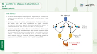 49
Copyright - Tout droit réservé - OFPPT
PARTIE
1
• La déni de service distribué (DDoS) est une attaque qui vise à saturer une
ressource (serveur, application, site web etc.) pour la mettre hors-service à l’aide
des botnets.
• Botnet est un réseau de machines zombies (machines infectées) contrôlées par
des pirates, sans que leurs propriétaires en soient conscients.
Ces machines sont souvent appelées des esclaves puisqu’elles reçoivent les
commandes des pirates et les exécutent pour cibler une victime précise.
• Le scénario typique d’une attaque DDoS est le suivant: Comme illustré dans la
figure ci-contre, le pirate utilise des serveurs relais (qui sont considérés comme
des maitres) pour diffuser une commande spécifique à l’ensemble des machines
esclaves. À la réception de cette commande, toutes les machines esclaves (qui
sont à l’ordre de milliers ou millions de machines), réagissent et envoient des
paquets volumineux, falsifiés, ou autres selon le type de l’attaque DDoS.
DoS distribué
DDoS attaque
02 - Identifier les attaques de sécurité visant
un SI
Attaques externes
 