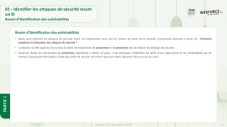 53
Copyright - Tout droit réservé - OFPPT
PARTIE
1
02 - Identifier les attaques de sécurité visant
un SI
Besoin d’identification des vulnérabilités
• Après avoir présenté les attaques de sécurité visant une organisation ainsi que les notions de bases de la sécurité, la principale question à poser est : Comment
empêcher la réalisation des attaques de sécurité ?
• La réponse à cette question est la mise en place de mécanismes de prévention et de protection afin de réduire les attaques de sécurité.
• Avant de choisir les mécanismes de prévention appropriés à mettre en place, il est nécessaire d’identifier les actifs d’une organisation et les vulnérabilités qui les
menace. Cela pourra être réalisé à l’aide des audits de sécurité récurrents que nous allons découvrir dans la suite du cours.
Besoin d’identification des vulnérabilités
 