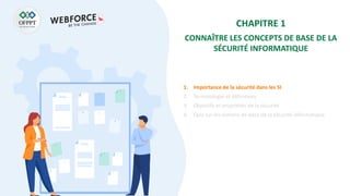 CHAPITRE 1
CONNAÎTRE LES CONCEPTS DE BASE DE LA
SÉCURITÉ INFORMATIQUE
1. Importance de la sécurité dans les SI
2. Terminologie et définitions
3. Objectifs et propriétés de la sécurité
4. Quiz sur les notions de base de la sécurité informatique
 