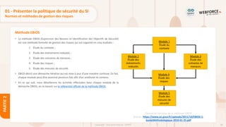 68
Copyright - Tout droit réservé - OFPPT
PARTIE
2
Méthode EBIOS
01 - Présenter la politique de sécurité du SI
Normes et méthodes de gestion des risques
• La méthode EBIOS (Expression des Besoins et Identification des Objectifs de Sécurité)
est une méthode formelle de gestion des risques qui est organisé en cinq modules :
1. Étude du contexte ;
2. Étude des événements redoutés ;
3. Étude des scénarios de menaces ;
4. Étude des risques ;
5. Étude des mesures de sécurité.
• EBIOS décrit une démarche itérative qui est mise à jour d’une manière continue. En fait,
chaque module peut être examiné plusieurs fois afin d’en améliorer le contenu.
• En ce qui suit, nous détaillerons les activités effectuées dans chaque module de la
démarche EBIOS, en se basant sur le référentiel officiel de la méthode EBIOS.
Démarche itérative de la méthode EBIOS
Source : https://www.ssi.gouv.fr/uploads/2011/10/EBIOS-1-
GuideMethodologique-2010-01-25.pdf
 