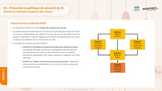 72
Copyright - Tout droit réservé - OFPPT
PARTIE
2
Démarche de la méthode EBIOS
01 - Présenter la politique de sécurité du SI
Normes et méthodes de gestion des risques
• Le cinquième module est intitulé Étude des mesures de sécurité.
• Ce module permet de sélectionner les mesures de sécurité permettant de traiter
les risques, conformément aux objectifs de sécurité qui ont été définis dans les
modules précédents. Il permet également de fournir une planification de la mise
en place et la validation de ces mesures de sécurité.
• Ce module est composé de deux activités :
• Activité 5.1 Formaliser les mesures de sécurité à mettre en œuvre.
Les objectifs de cette activité sont : identification des mesures de
sécurité offrant les critères de sécurité définis dans les modules
précédents, spécification des risques résiduels et validation des choix
effectués.
• Activité 5.2 Mettre en œuvre les mesures de sécurité. L’objectif de
cette activité est la planification et le suivie de la mise en place des
solutions de sécurité.
.
 
