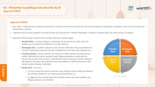 75
Copyright - Tout droit réservé - OFPPT
PARTIE
2
Approche PDCA
01 - Présenter la politique de sécurité du SI
Approche PDCA
• Pour veiller à l’efficacité de la politique de sécurité du système d’information et faire face aux nouveaux logiciels malveillants et attaques, il faut suivre une démarche
d’amélioration continue.
• L’approche PDCA, souvent appelée la roue de Deming, est l’acronyme de : Planifier, Développer, Contrôler, et Ajuster (Plan, Do, Check and Act, en anglais).
Roue de Deming
• L’approche PDCA consiste à réaliser d’une manière continue les quatre étapes :
• Planifier (Plan) : consiste à élaborer une politique de sécurité des SI. Cette action est
finalisée par un document de référence et un plan d’action ;
• Développer (Do) : se réfère à exécuter le plan d’actions défini dans l’étape précédente via
la mise en place des mesures de sécurité, sensibilisation et formation des employés, etc. ;
• Contrôler (Check) : consiste à réaliser des audit et contrôles internes récurrents afin de
vérifier l’efficacité des actions réalisées durant l’étape précédente, en particulier les
mesures de sécurité mises en place. L’identification d’une ou plusieurs actions inefficaces
fait appel à la réalisation des ajustements qui seront définies et planifier durant les deux
étapes suivantes (Ajuster et planifier).
• Ajuster (Act) : consiste à
• La mise en place des actions correctives pour certaines actions inefficaces détectés
dans l’étape précédente, qui n’exige pas une planification, ou
• La suggestion des d'amélioration pour certaines actions qui seront planifiés dans
l’étape suivante (c.à.d., Planifier).
Développer
(Do)
Contrôler
(Check)
Ajuster
(Act)
Planifier
(Plan
 