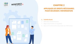 CHAPITRE 2
APPLIQUER LES DROITS NÉCESSAIRES
POUR SÉCURISER L’INFORMATION
1. Contrôle d’accès
2. Méthodes d’authentification
3. Règles d’autorisation et traçabilité
4. Quiz sur les notions de la sécurisation de l’information
 