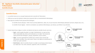 83
Copyright - Tout droit réservé - OFPPT
PARTIE
2
Contrôle d’accès
02 - Appliquer les droits nécessaires pour sécuriser
l’information
Contrôle d’accès
• Le contrôle d'accès est un concept fondamental de la sécurité de l’information.
• Il dicte qui ou quoi est autorisé à utiliser des ressources dans un environnement informatique.
• Deux types de contrôle d'accès peuvent être distingués :
Le contrôle d'accès physique : limite l'accès aux lieux (bâtiments, salles, etc.) et aux ressources informatiques physiques (serveurs, disques durs, etc.).
Le contrôle d'accès logique : limite les connexions aux systèmes informatiques, aux réseaux, aux fichiers et aux données.
Les éléments de base du contrôle d'accès
• Comme illustré dans la figure ci-contre, les éléments de base du contrôle d’accès sont trois :
• Sujet : entité capable d’accéder à un objet. Généralement, un sujet est tenu
d’être responsable des actions qu'ils exécutent sur un objet. Trois classes de
sujets peuvent être distingués : groupe, propriétaire, tout le monde ;
• Objet : ressource généralement utilisée pour contenir et/ou recevoir des
informations sensibles. Pour cette raison, l’accès à cet objet est contrôlé pour le
limiter aux sujets autorisés ;
• Droit d’accès : décrit la manière d’accès à un objet. Les principaux droits d’accès
à un objet sont : lire, écrire, exécuter, supprimer, créer, et rechercher.
 