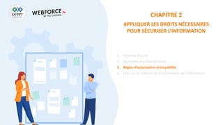 CHAPITRE 2
APPLIQUER LES DROITS NÉCESSAIRES
POUR SÉCURISER L’INFORMATION
1. Contrôle d’accès
2. Méthodes d’authentification
3. Règles d’autorisation et traçabilité
4. Quiz sur les notions de la sécurisation de l’information
 