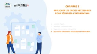 CHAPITRE 2
APPLIQUER LES DROITS NÉCESSAIRES
POUR SÉCURISER L’INFORMATION
1. Contrôle d’accès
2. Méthodes d’authentification
3. Règles d’autorisation et traçabilité
4. Quiz sur les notions de la sécurisation de l’information
 