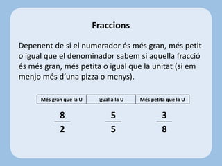 Depenent de si el numerador és més gran, més petit
o igual que el denominador sabem si aquella fracció
és més gran, més petita o igual que la unitat (si em
menjo més d’una pizza o menys).
Fraccions
8
2
Més gran que la U Igual a la U Més petita que la U
5
5
3
8
 