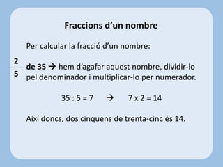 Fraccions d’un nombre
Per calcular la fracció d’un nombre:
de 35  hem d’agafar aquest nombre, dividir-lo
pel denominador i multiplicar-lo per numerador.
35 : 5 = 7  7 x 2 = 14
Així doncs, dos cinquens de trenta-cinc és 14.
2
5
 