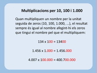 Multiplicacions per 10, 100 i 1.000
Quan multipliquen un nombre per la unitat
seguida de zeros (10, 100, 1.000, ...), el resultat
sempre és igual al nombre afegint-hi els zeros
que tingui el nombre pel que el multipliquem:
134 x 100 = 13400
1.456 x 1.000 = 1.456.000
4.007 x 100.000 = 400.700.000
 