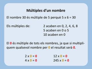 El nombre 30 és múltiple de 5 perquè 5 x 6 = 30
Els múltiples de: 2 acaben en 0, 2, 4, 6, 8
5 acaben en 0 o 5
10 acaben en 0
El 0 és múltiple de tots els nombres, ja que si multipli-
quem qualsevol nombre per 0 el resultat serà 0.
2 x 0 = 0 12 x 0 = 0
4 x 0 = 0 245 x 0 = 0
Múltiples d’un nombre
 
