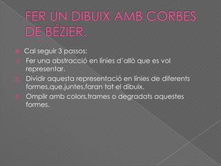  Cal seguir 3 passos:
1) Fer una abstracció en línies d’allò que es vol
representar.
2) Dividir aquesta representació en línies de diferents
formes,que,juntes,faran tot el dibuix.
3) Omplir amb colors,trames o degradats aquestes
formes.
 