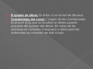 e) El quadre de dibuix: És el lloc a on es fan els dibuixos.
f) Coordenades del cursor: L’origen de les coordenades
és el punt (0,0),que es localitza al vèrtex superior
esquerre del quadre del dibuix. Els valors de les
abscisses es compten d’esquerra a dreta però les
ordenades es compten de dalt a baix.
 