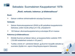Saksalais- Suomalainen Kauppakamari 1978„Rooli, verkosto, kokemus ja bilateraalisuus“
Rooli:


Saksan virallinen elinkeinoelämän edustaja Suomessa

Verkosto:


Saksan Keskuskauppakamari (DIHK) ja 80 paikallista kauppakamaria
Saksassa, joiden kautta yhteys yli 3 milj. yritysjäseniin



120 Saksan ulkomaankauppakamaria ja edustajaa 85 eri maassa

Kokemus ja bilateraalisuus:


Edistää Suomen ja Saksan talous- ja kauppasuhteita vuodesta 1978
(“35.000 established contacts in 35 years”)



Tuottaa „hands on“- palveluita Saksan ja Suomen kaupalle saksaksi ja
suomeksi (löytää mm. sopivin liikeyhteyskumppanin Saksasta)

 