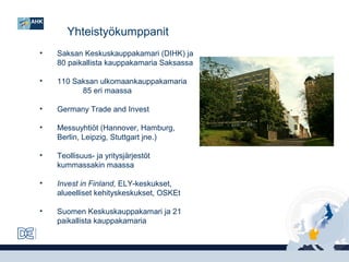 Yhteistyökumppanit
•

Saksan Keskuskauppakamari (DIHK) ja
80 paikallista kauppakamaria Saksassa

•

110 Saksan ulkomaankauppakamaria
85 eri maassa

•

Germany Trade and Invest

•

Messuyhtiöt (Hannover, Hamburg,
Berlin, Leipzig, Stuttgart jne.)

•

Teollisuus- ja yritysjärjestöt
kummassakin maassa

•

Invest in Finland, ELY-keskukset,
alueelliset kehityskeskukset, OSKEt

•

Suomen Keskuskauppakamari ja 21
paikallista kauppakamaria

 