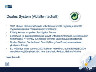 Duales System (Abfallwirtschaft)
•
•
•
•
•

1991 alkaen elinkeinoelämälle velvollisuus kerätä, lajitella ja kierrätä
myyntipakkauksia (Verpackungsverordnung)
Eritelty keräys => gelber Sack/gelbe Tonne
Elintarvike- ja pakkausteollisuus luovat yhteistoimintamallin velvollisuuden
hoitamiseksi => syntyy kunnallista toiminta täydentävää järjestelmää
Duales System Deutschland GmbH (Der grüne Punkt) ensimmäinen
yksityinen toimija
EU määräys avaa vuonna 2003 Saksan markkinat, uudet toimijat DSDn
rinnalle (nykyjään yhdeksän, mm. Landbell, Redual, BellandVision)

www.bmu.de

 