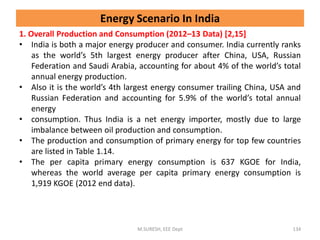 Energy Scenario In India
1. Overall Production and Consumption (2012–13 Data) [2,15]
• India is both a major energy producer and consumer. India currently ranks
as the world’s 5th largest energy producer after China, USA, Russian
Federation and Saudi Arabia, accounting for about 4% of the world’s total
annual energy production.
• Also it is the world’s 4th largest energy consumer trailing China, USA and
Russian Federation and accounting for 5.9% of the world’s total annual
energy
• consumption. Thus India is a net energy importer, mostly due to large
imbalance between oil production and consumption.
• The production and consumption of primary energy for top few countries
are listed in Table 1.14.
• The per capita primary energy consumption is 637 KGOE for India,
whereas the world average per capita primary energy consumption is
1,919 KGOE (2012 end data).
M.SURESH, EEE Dept 134
 