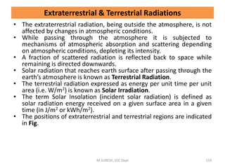 • The extraterrestrial radiation, being outside the atmosphere, is not
affected by changes in atmospheric conditions.
• While passing through the atmosphere it is subjected to
mechanisms of atmospheric absorption and scattering depending
on atmospheric conditions, depleting its intensity.
• A fraction of scattered radiation is reflected back to space while
remaining is directed downwards.
• Solar radiation that reaches earth surface after passing through the
earth’s atmosphere is known as Terrestrial Radiation.
• The terrestrial radiation expressed as energy per unit time per unit
area (i.e. W/m2) is known as Solar Irradiation.
• The term Solar Insolation (incident solar radiation) is defined as
solar radiation energy received on a given surface area in a given
time (in J/m2 or kWh/m2).
• The positions of extraterrestrial and terrestrial regions are indicated
in Fig.
M.SURESH, EEE Dept 159
Extraterrestrial & Terrestrial Radiations
 