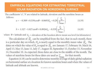 M.SURESH, EEE Dept 213
EMPIRICAL EQUATIONS FOR ESTIMATING TERRESTRIAL
SOLAR RADIATION ON HORIZONTAL SURFACE
 