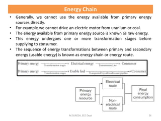 Energy Chain
• Generally, we cannot use the energy available from primary energy
sources directly.
• For example we cannot drive an electric motor from uranium or coal.
• The energy available from primary energy source is known as raw energy.
• This energy undergoes one or more transformation stages before
supplying to consumer.
• The sequence of energy transformations between primary and secondary
energy (usable energy) is known as energy chain or energy route.
M.SURESH, EEE Dept 26
 