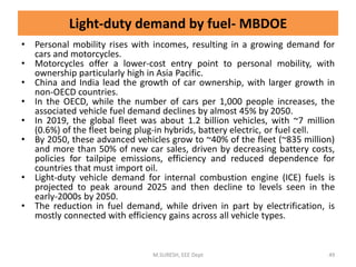 • Personal mobility rises with incomes, resulting in a growing demand for
cars and motorcycles.
• Motorcycles offer a lower-cost entry point to personal mobility, with
ownership particularly high in Asia Pacific.
• China and India lead the growth of car ownership, with larger growth in
non-OECD countries.
• In the OECD, while the number of cars per 1,000 people increases, the
associated vehicle fuel demand declines by almost 45% by 2050.
• In 2019, the global fleet was about 1.2 billion vehicles, with ~7 million
(0.6%) of the fleet being plug-in hybrids, battery electric, or fuel cell.
• By 2050, these advanced vehicles grow to ~40% of the fleet (~835 million)
and more than 50% of new car sales, driven by decreasing battery costs,
policies for tailpipe emissions, efficiency and reduced dependence for
countries that must import oil.
• Light-duty vehicle demand for internal combustion engine (ICE) fuels is
projected to peak around 2025 and then decline to levels seen in the
early-2000s by 2050.
• The reduction in fuel demand, while driven in part by electrification, is
mostly connected with efficiency gains across all vehicle types.
M.SURESH, EEE Dept 49
Light-duty demand by fuel- MBDOE
 