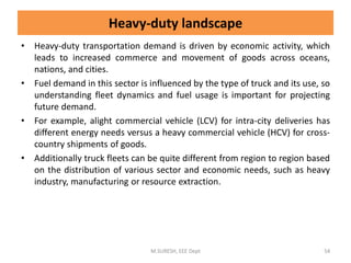 Heavy-duty landscape
• Heavy-duty transportation demand is driven by economic activity, which
leads to increased commerce and movement of goods across oceans,
nations, and cities.
• Fuel demand in this sector is influenced by the type of truck and its use, so
understanding fleet dynamics and fuel usage is important for projecting
future demand.
• For example, alight commercial vehicle (LCV) for intra-city deliveries has
different energy needs versus a heavy commercial vehicle (HCV) for cross-
country shipments of goods.
• Additionally truck fleets can be quite different from region to region based
on the distribution of various sector and economic needs, such as heavy
industry, manufacturing or resource extraction.
M.SURESH, EEE Dept 54
 