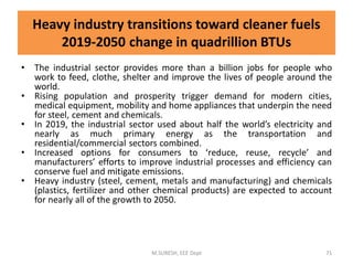 • The industrial sector provides more than a billion jobs for people who
work to feed, clothe, shelter and improve the lives of people around the
world.
• Rising population and prosperity trigger demand for modern cities,
medical equipment, mobility and home appliances that underpin the need
for steel, cement and chemicals.
• In 2019, the industrial sector used about half the world’s electricity and
nearly as much primary energy as the transportation and
residential/commercial sectors combined.
• Increased options for consumers to ‘reduce, reuse, recycle’ and
manufacturers’ efforts to improve industrial processes and efficiency can
conserve fuel and mitigate emissions.
• Heavy industry (steel, cement, metals and manufacturing) and chemicals
(plastics, fertilizer and other chemical products) are expected to account
for nearly all of the growth to 2050.
M.SURESH, EEE Dept 71
Heavy industry transitions toward cleaner fuels
2019-2050 change in quadrillion BTUs
 