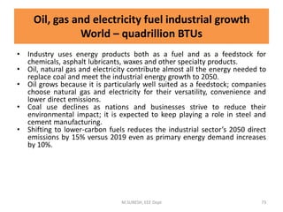 • Industry uses energy products both as a fuel and as a feedstock for
chemicals, asphalt lubricants, waxes and other specialty products.
• Oil, natural gas and electricity contribute almost all the energy needed to
replace coal and meet the industrial energy growth to 2050.
• Oil grows because it is particularly well suited as a feedstock; companies
choose natural gas and electricity for their versatility, convenience and
lower direct emissions.
• Coal use declines as nations and businesses strive to reduce their
environmental impact; it is expected to keep playing a role in steel and
cement manufacturing.
• Shifting to lower-carbon fuels reduces the industrial sector’s 2050 direct
emissions by 15% versus 2019 even as primary energy demand increases
by 10%.
M.SURESH, EEE Dept 73
Oil, gas and electricity fuel industrial growth
World – quadrillion BTUs
 