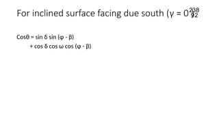 For inclined surface facing due south (γ = 0
)
Cosθ = sin δ sin (ɸ - β)
+ cos δ cos ω cos (ɸ - β)
 